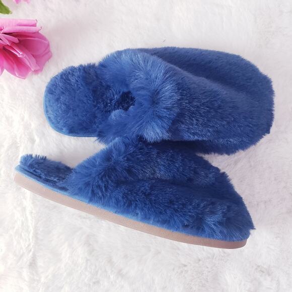 NEW J. Crew Faux Fur House Slippers Slip On Hard Sole Navy Blue 7 - Picture 1 of 8